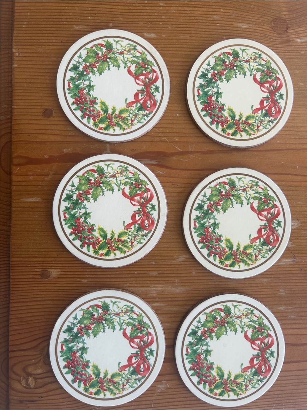 Vintage Pimpernel Holiday Wreath Coasters — Red & Green Set of 6